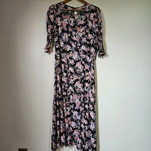 NWT MI AMI FLORAL VINTAGE STYLE MIDI DRESS 3/4 SLEEVES WITH SLIT SIZE XL